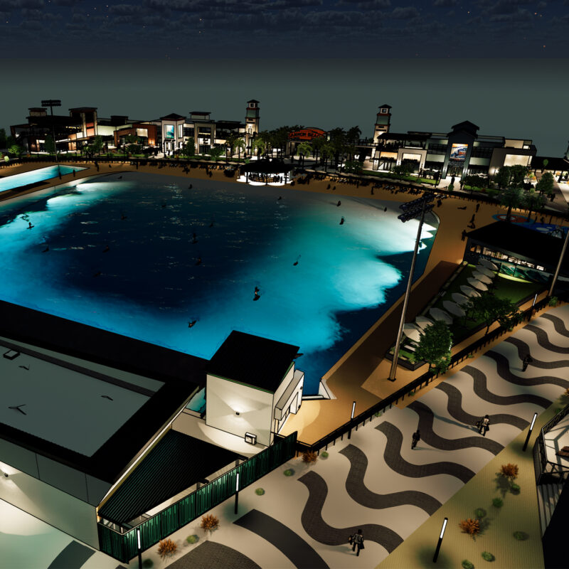 Willy Wonka Chocolate Factory of Surf Parks. Revel Surf at Cannon Beach Night Life Rendering