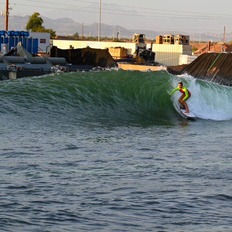 Revel Surf is bringing the ocean to Arizona. Zoe Macdouggal surfing the Swell MFG barrel at Revel Surf in Mesa, AZ. Photo by Waves & Water.