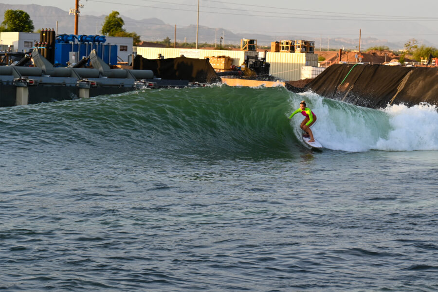 Revel Surf is bringing the ocean to Arizona. Zoe Macdouggal surfing the Swell MFG barrel at Revel Surf in Mesa, AZ. Photo by Waves & Water.